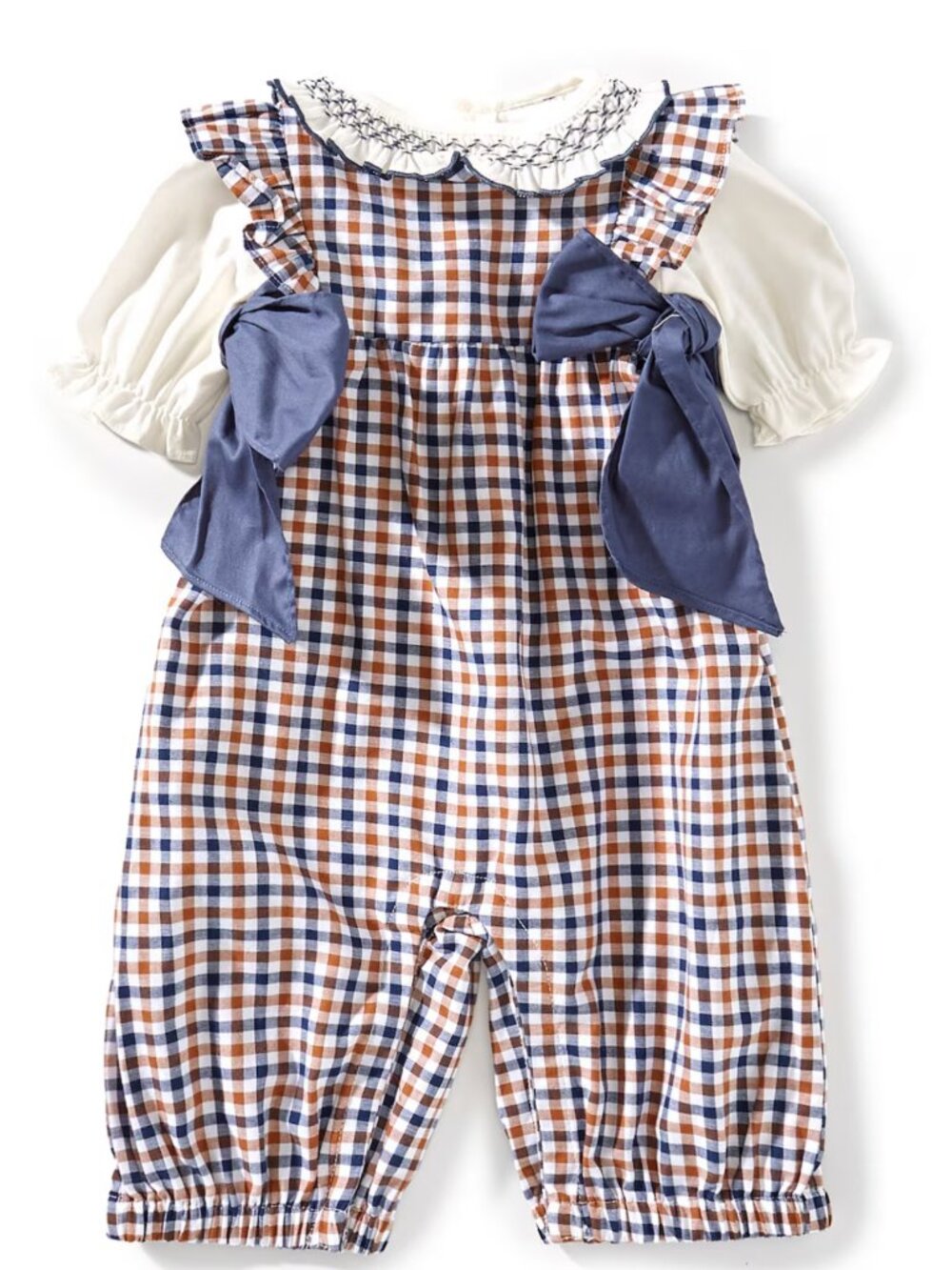 Edgehill Collection Baby Girls Side-Tie Plaid Romper Long Sleeve